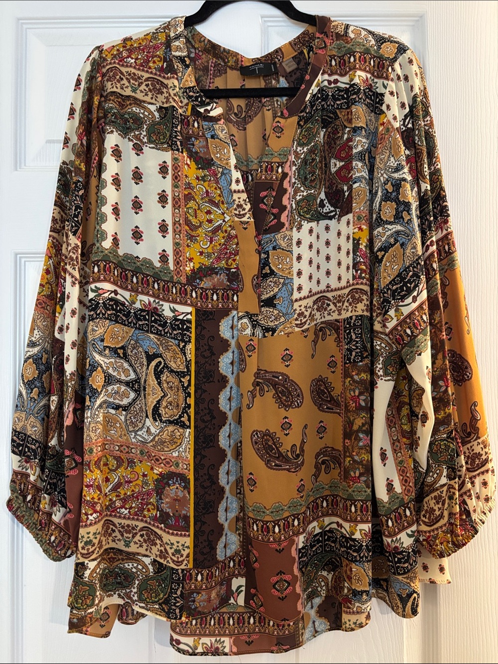 Tahari Mustard Multi Patchwork Paisley V-Neck Tunic